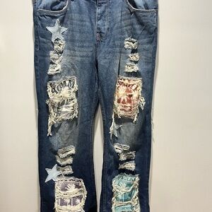 NWT Men's Size 36 Boohoo man Relaxed Rigid Flare Applique Jeans, Wide leg